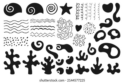 Abstract shape silhouette marine objects set. Organic forms underwater ocean world seaweed, stamp coral reef. Modern trendy drawing scribble shapes collage with wave, scrapbook collection vector