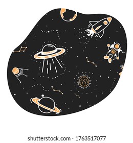 Forma abstracta con doodles espaciales.Ilustración vectorial del fondo del concepto espacial.