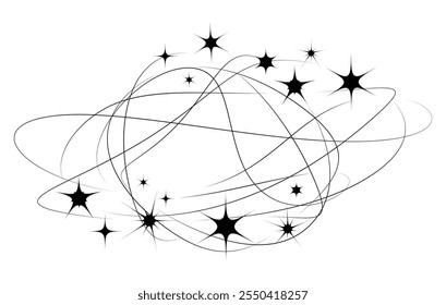 Forma Abstractas de Estrellas y Líneas. Brillo y destellos con contorno. Chispas. Conexión cósmica de constelaciones. Brilla, resplandor. Volumen brillante. Sin forma. Color monocromo. Ilustración vectorial