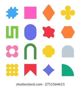 Abstract shape stickers with organic forms and retro geometric elements. Trendy Y2K graphic design shapes for creative branding and modern packaging projects.