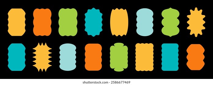 Abstract shape stickers. Retro zig zag wavy shape frames. Vector corrugated rectangular and oval abstract photo frames, text boxes. Scallop edge kids geometric stamps. Flat jagged ellipse shapes set