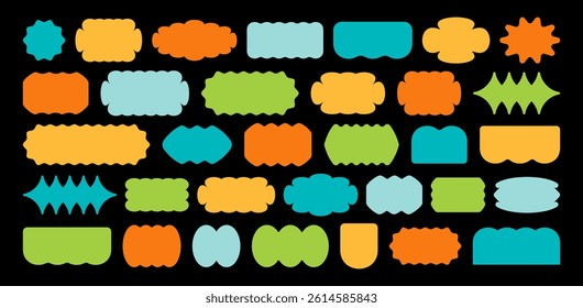Abstract shape stickers. Vector frame elements set. Label design form graphic kit. Retro bubble badges or logo background. Trendy y2k pop art cartoon icon pack. Abstract geometric shapes, patches