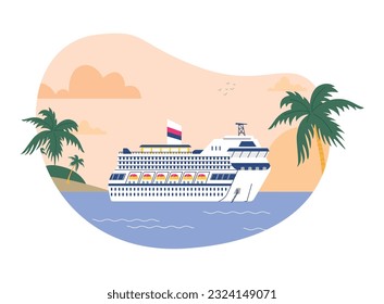 Abstract shape with swimming large cruise liner in sea or ocean flat style, vector illustration isolated on white background. Beautiful seascape with orange sky, palms, cruise vacation