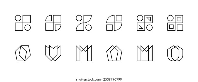 Abstract shape and symbol. Graphic geometric elements, different shapes, figure and more. Editable stroke. Pixel Perfect. Grid base 32px.