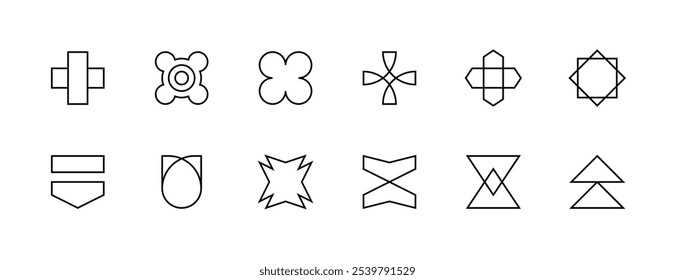 Abstract shape and symbol. Graphic geometric elements, different shapes, figure and more. Editable stroke. Pixel Perfect. Grid base 32px.