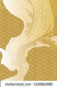Abstract shape template with Japanese pattern vector. Gold liquid background with grunge texture.