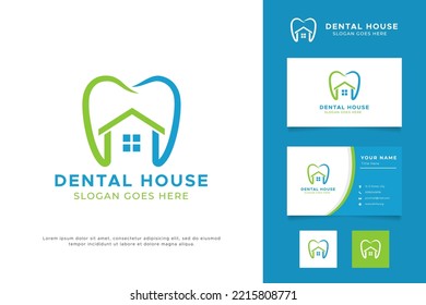 Abstract Shape Tooth and Home Sign Symbol of Dental House Logo and Minimalist Business Card Template.