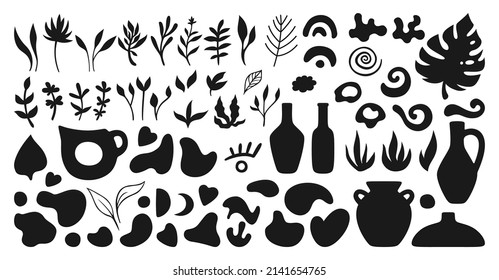 Abstract shape trendy doodle nature objects silhouette set. Hand drawn boho design element pot, vase jug or jar stamp. Modern cozy home decor trendy shapes collage art collection. Isolated vector