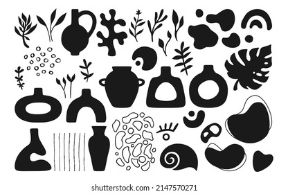 Abstract shape trendy doodle nature objects silhouette retro set. Hand drawn boho design element pot, vase jug or jar stamp. Modern cozy decor trendy shapes collage art collection. Isolated vector