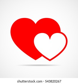 Abstract shape of two hearts. Vector illustration. Two red hearts in flat style on light background. The heart as a symbol of love.