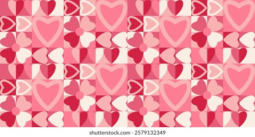 Abstract shape Valentine's day geometric seamless pattern with hearts. Trendy minimalist geometry cover design. Red and pink mosaic endless background for sale banner print.