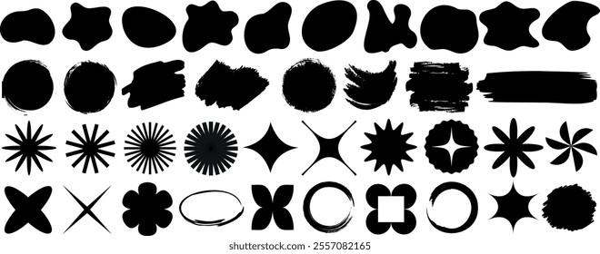 Abstract shape vector set, blob, blotch, brutalist shapes icon, organic forms, splatters, stars, ovals, and geometric elements in black ink. Perfect for minimalist, modern, or grunge design projects