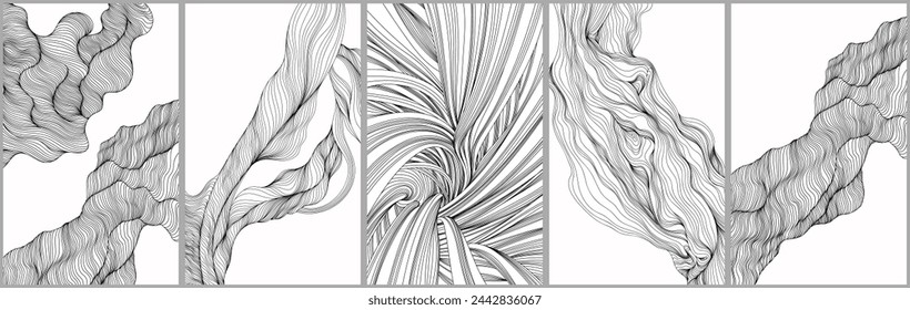 Abstract shape wallpaper set. Hand drawn line illustration background collection. Ink painting style composition for decoration.