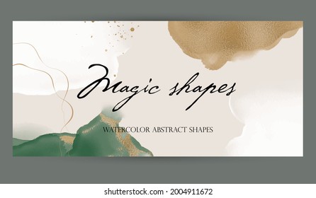 abstract shape watercolor booklet flyer background. Luxury exclusive wide horizontal web banner. green gold shiny social media cover. artistic brochure, card template layout. for make up, beauty
