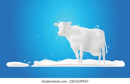 Abstract shape white cow on grass and splash milk, illustration design.