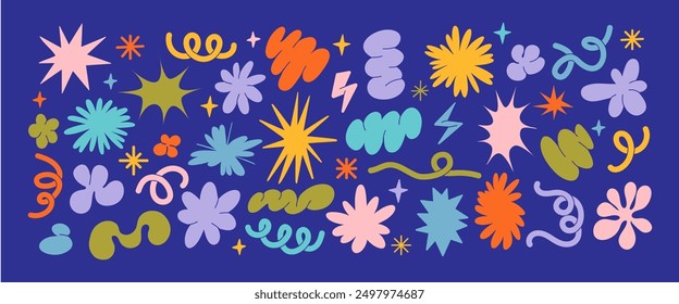 Abstract shapes. 90s cloud, flowers and elements sticker. Retro groovy y2k various doodles, curly, spiral, wavy forms. Trendy funky star, lines, brutalist bubble minimal shape. Vector 80s simple set.