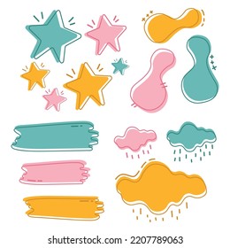 Abstract shapes art with 3 colors set. All shapes isolated on white background.