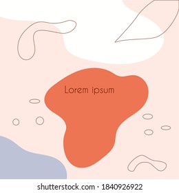 Abstract shapes background with leaf. Suitable as a business card, banner, booklet. Hand drawn modern pastel colors trendy vector illustration. Contemporary style template