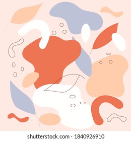 Abstract shapes background, leaves and rainbow. Hand drawn modern pastel colors trendy vector illustration. Contemporary style print