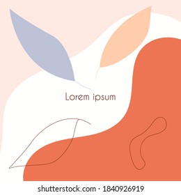 Abstract shapes background with leaves. Suitable as a business card, banner, booklet. Hand drawn modern pastel colors trendy vector illustration. Contemporary style template