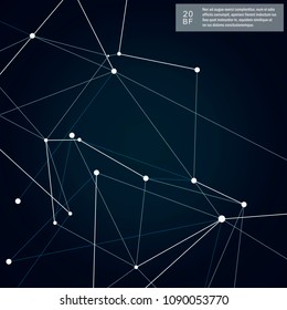 Abstract shapes background and technology network design. Atomic, science and molecular vector pattern on dark background.