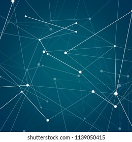 Abstract shapes background and technology network design. Atomic, science and molecular vector pattern on dark background.