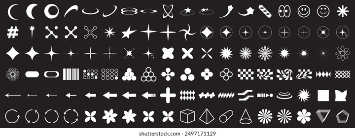 Abstract shapes, basic brutal forms and retro figures in Y2K aesthetics, vintage stickers, logos and labels. Decorative design element set, vector illustration.