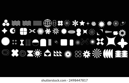 Abstract shapes, basic brutal forms and retro figures in Y2K aesthetics, vintage stickers, logos and labels. Decorative design element set, vector illustration  on black background eps 10