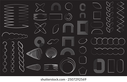 Abstract shapes, basic brutal forms and retro figures in Y2K aesthetics, vintage stickers, logos and labels. Decorative design element set, vector illustration.