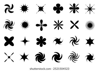 Abstract shapes, basic brutal forms and retro figures in Y2K aesthetics, vintage stickers, logos and labels. Decorative design element set, vector illustration on white background.