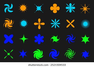 Abstract shapes, basic brutal forms and retro figures in Y2K aesthetics, vintage stickers, logos and labels. Decorative design element set, vector illustration on dark background.