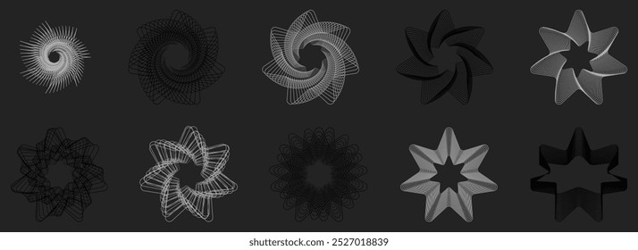 Abstract shapes, basic brutal forms and retro figures in Y2K aesthetics, vintage stickers, logos and labels. Decorative design element set, vector illustration.