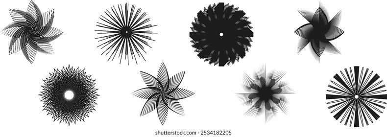 Abstract shapes, basic brutal forms and retro figures in Y2K aesthetics, vintage stickers, logos and labels. Decorative design element set, vector illustration on black background eps 10
