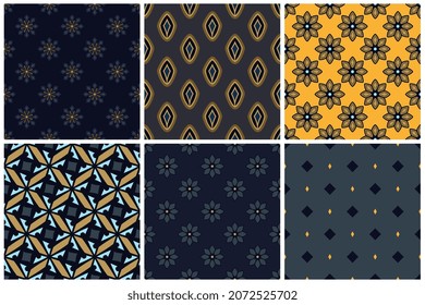 Abstract shapes basic motif simple silhouettes pattern classic geo background. Modern fabric design textile swatch ladies dress, man shirt all over print block. Blue, yellow, grey retro colors palette