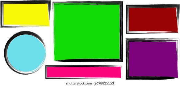 Formas Abstractas con bordes negros y varios colores brillantes sobre fondo blanco