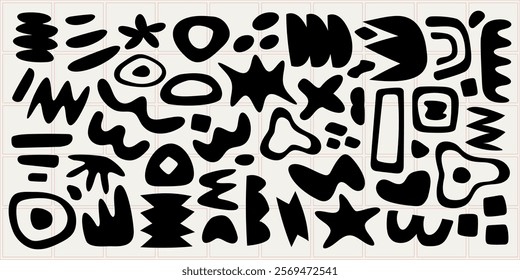 Abstract shapes in black on a grid. Various abstract forms, black shapes, grid pattern. Unique abstract shapes, bold black designs, grid layout. Funky shapes vector set.