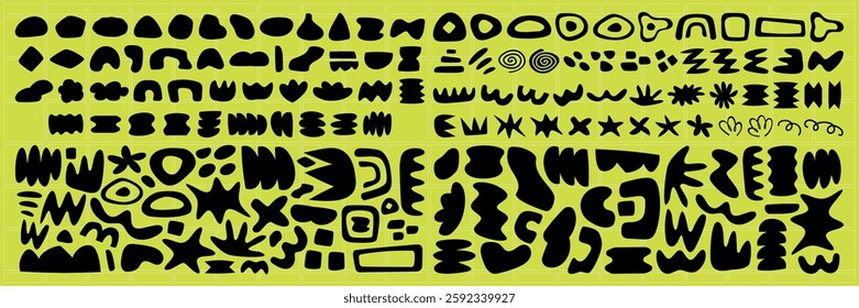 Abstract shapes in black on a yellow background. Various abstract forms and shapes create a bold pattern. Unique abstract shapes fill the design. Funky shapes vector set.