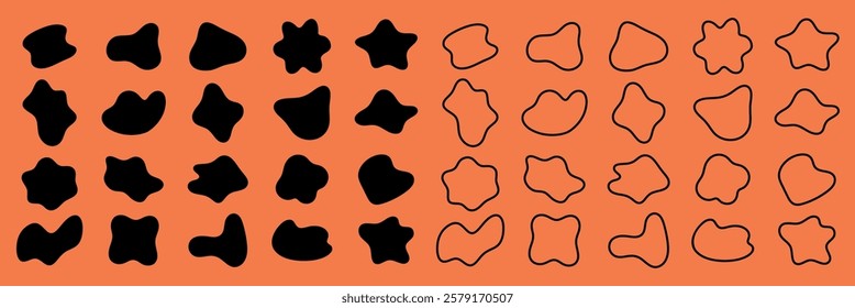 Abstract shapes in black and outline form on an orange background. Various abstract shapes, black and outlined, create a striking visual on orange. Black shape vector set.