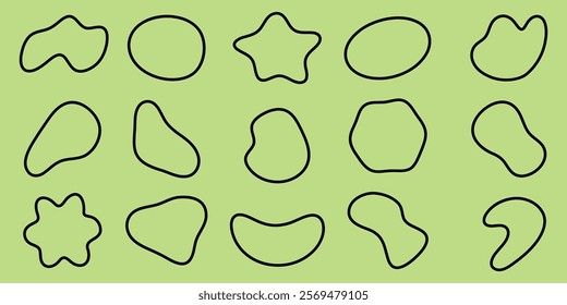Abstract shapes in black outline on a green background. Various abstract shapes, including stars and ovals, create a playful abstract pattern. Black shape vector set.