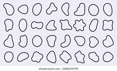 Abstract shapes in black outline on a grid background. Various abstract forms repeat, creating a pattern of abstract shapes. Simple, black, abstract shapes. Black shape vector set.