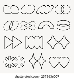 Abstract shapes in black outlines on a white background. Various geometric shapes, including circles, stars, and hearts. Abstract and geometric designs. Black shapes, vector element set.