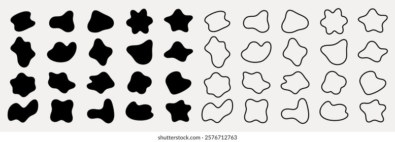 Abstract shapes in black and white. Organic shapes repeated in rows. Bold black shapes contrast with outlined white shapes. Unique, abstract design. Black shape vector set.