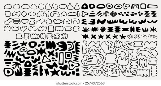 Abstract shapes in black and white. Various abstract forms, patterns, and designs. Creative abstract elements in a minimalist style.