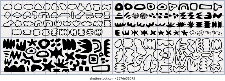Abstract shapes in black and white. Various abstract shapes, patterns, and designs. Creative abstract shapes for artistic and design purposes. Black and white vector set.