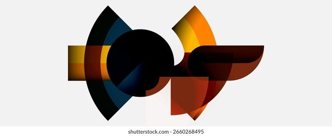 Abstract shapes blend, creating dynamic composition. Warm, cool colors contrast against white background. Modern design evokes movement, energy.
