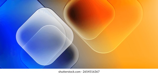 Las Formas Abstractas mezclan azules vibrantes y naranjas. Los Gradientes suaves crean un efecto luminoso. Diseño minimalista, estética moderna.