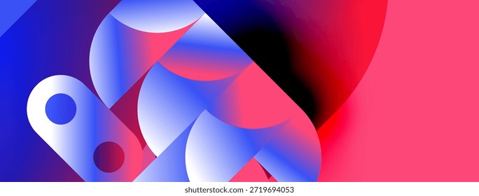 Abstract shapes blend vibrant blues, pinks, whites. Fluid forms create dynamic composition, suggesting movement, energy. Modern design.