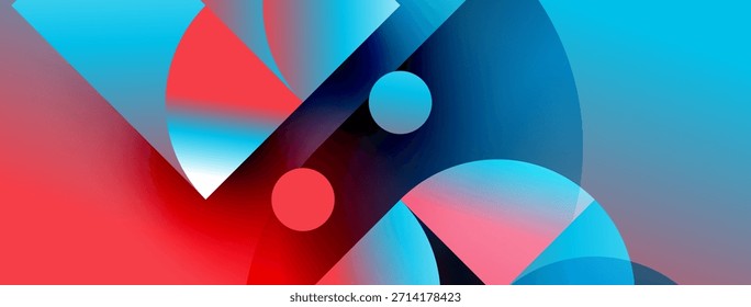 Las Formas Abstractas mezclan vibrantes tonos rojos y azules. Los círculos se cruzan con formas anguladas creando una composición dinámica. Los Gradientes lisos dominan el espacio visual.