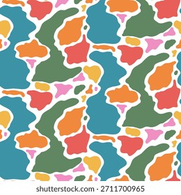 Abstract shapes blob seamless pattern. Irregular free form liquid elements background. Abstract amoeba spots. Uneven camouflage animal print. Simple mini splashes. Vector seamless bg illustration.