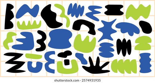 Abstract shapes in blue, black, and green. Various forms and patterns create a dynamic, colorful composition. Bold abstract design with vibrant colors. Colorful vector set.